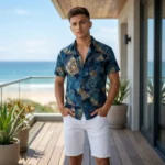 Men's blue and gold abstract print half sleeve casual shirt (3)