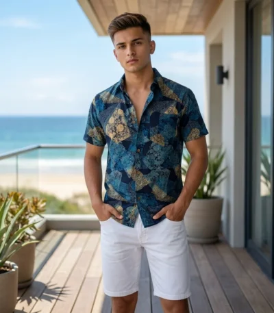 Men's blue and gold abstract print half sleeve casual shirt (3)