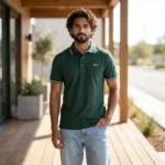 Men's dark green polo t shirt with white tipping on collar and cuffs (4)