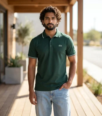 Men's dark green polo t shirt with white tipping on collar and cuffs (4)