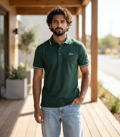 Men's dark green polo t shirt with white tipping on collar and cuffs (4)