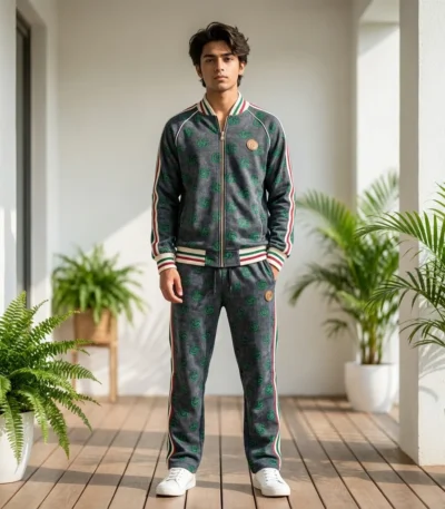 Men's grey monogram printed tracksuit co ord set with striped trims (2)