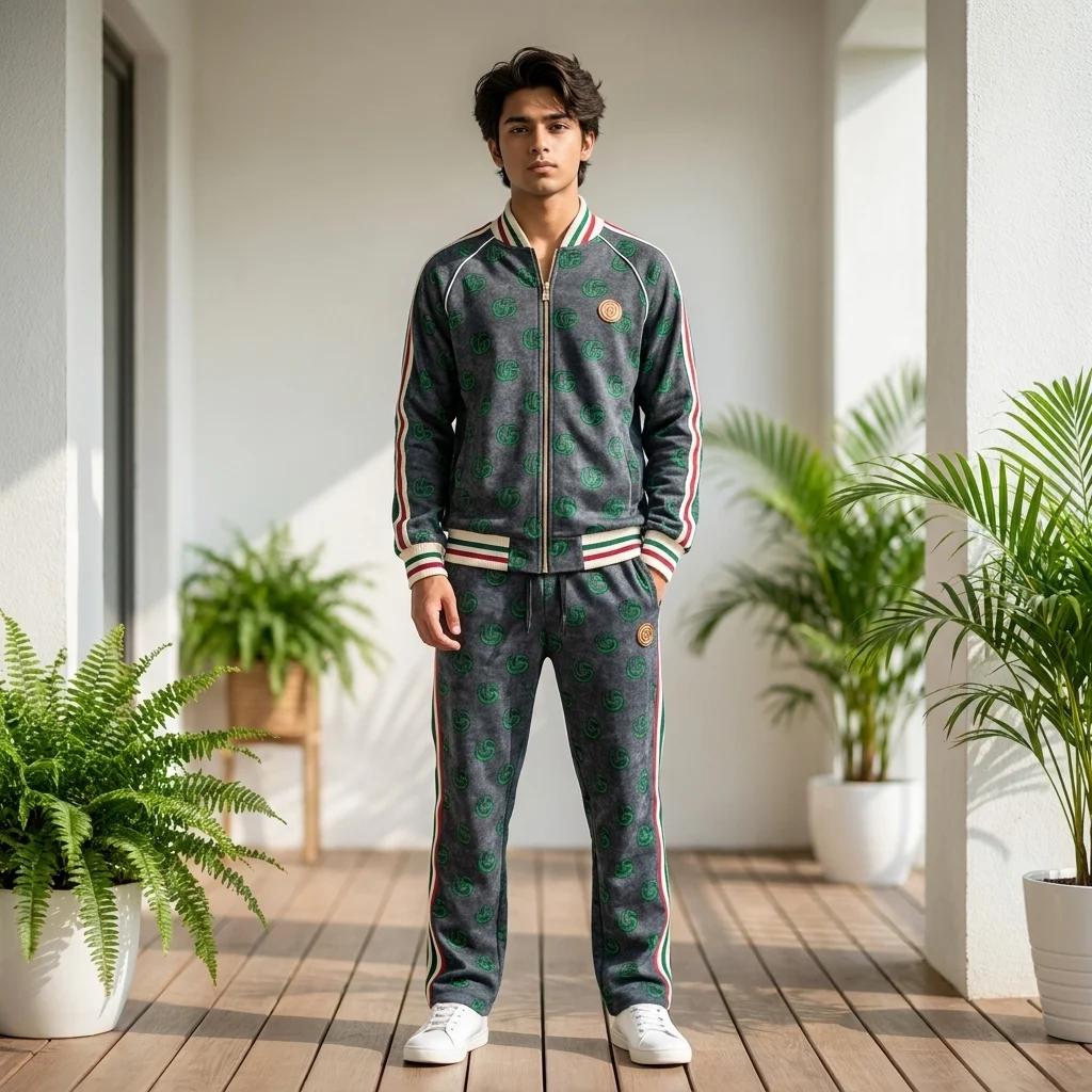 Men's grey monogram printed tracksuit co ord set with striped trims (2) Men's grey monogram printed tracksuit co ord set with striped trims (2)