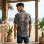 Men's indigo and beige geometric print half sleeve casual shirt (1)