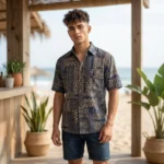 Men's indigo and beige geometric print half sleeve casual shirt (3)
