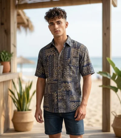 Men's indigo and beige geometric print half sleeve casual shirt (3)