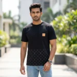 Men's luxury black t shirt with monogram print and chest pocket (2)