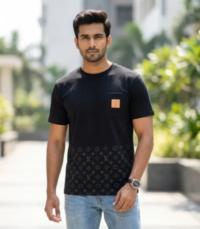 Men's luxury black t shirt with monogram print and chest pocket (2)