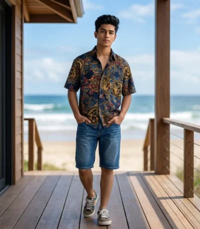 Men's navy blue baroque print half sleeve casual shirt (4)