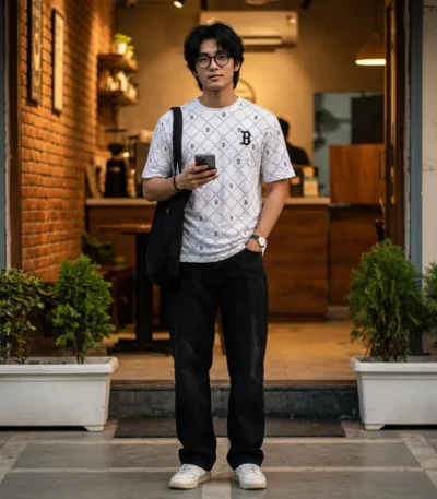 Men's white short sleeve t shirt with black dotted diamond pattern and B monogram print (1)
