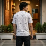 Men's white short sleeve t shirt with black dotted diamond pattern and B monogram print (4)