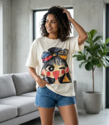 Off white women's oversized t shirt with colorful girl graphic print (4)
