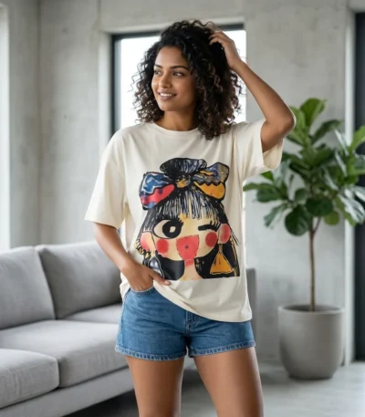 Off white women's oversized t shirt with colorful girl graphic print (4)