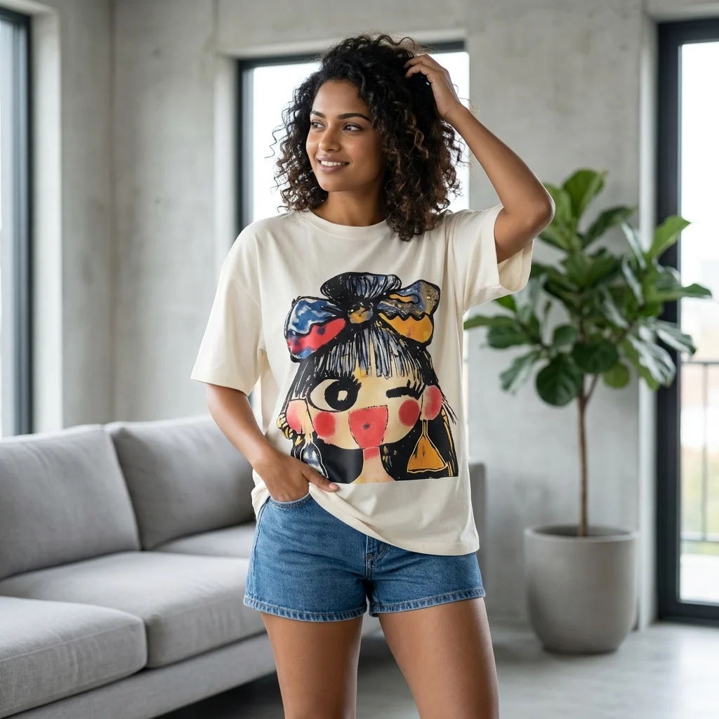 Off white women's oversized t shirt with colorful girl graphic print (4) Off white women's oversized t shirt with colorful girl graphic print (4)