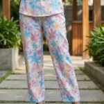 Pastel floral watercolor printed women co ord set with relaxed button down shirt and straight pants (2)