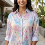 Pastel floral watercolor printed women co ord set with relaxed button down shirt and straight pants (3)