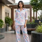 Pastel floral watercolor printed women co ord set with relaxed button down shirt and straight pants (4)