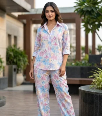 Pastel floral watercolor printed women co ord set with relaxed button down shirt and straight pants (4)