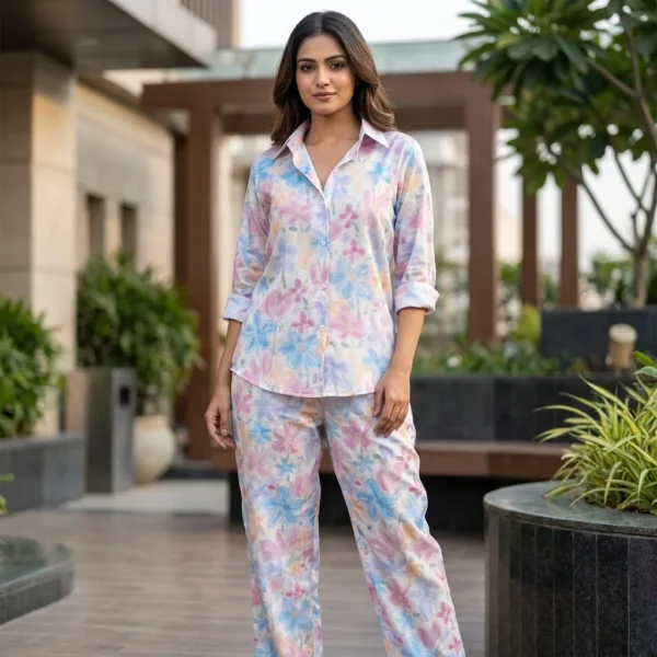Pastel floral watercolor printed women co ord set with relaxed button down shirt and straight pants (4)