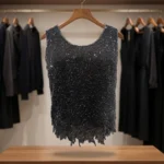 Premium black sleeveless top with silver bead embellishments and jagged leaf hem (2)