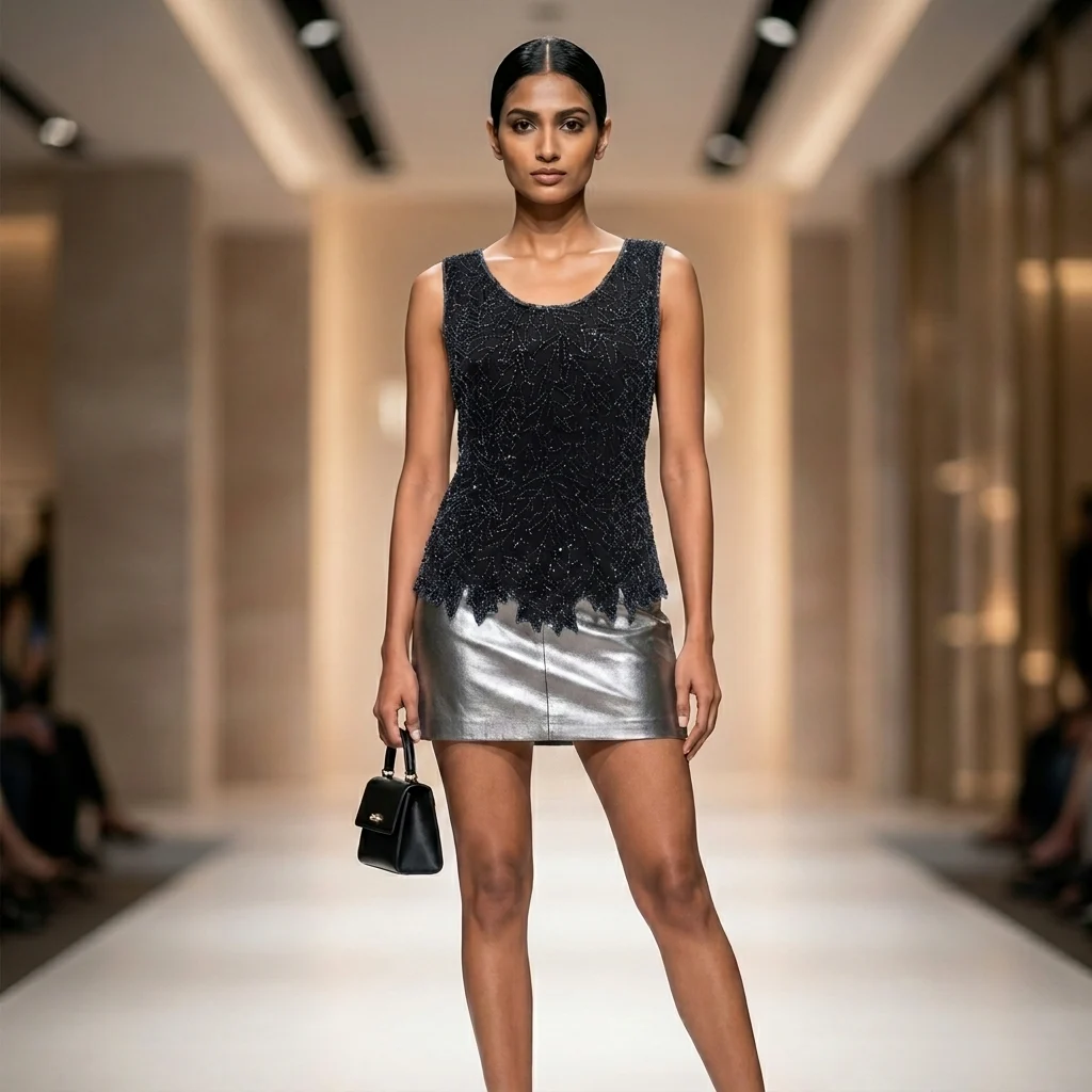 Premium black sleeveless top with silver bead embellishments and jagged leaf hem (4) Premium black sleeveless top with silver bead embellishments and jagged leaf hem (4)