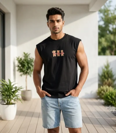 Unisex black sleeveless t shirt with teddy bear graphic print (1)