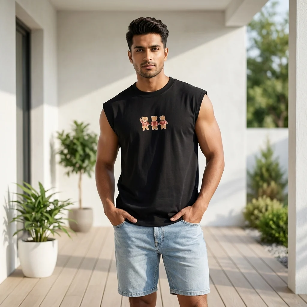 Unisex black sleeveless t shirt with teddy bear graphic print (1) Unisex black sleeveless t shirt with teddy bear graphic print (1)