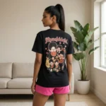 Woman wearing a back printed black oversized t shirt (2)