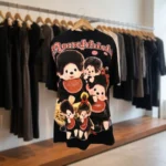 Woman wearing a back printed black oversized t shirt (3)