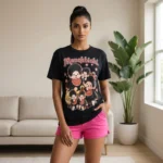 Woman wearing a back printed black oversized t shirt (4)