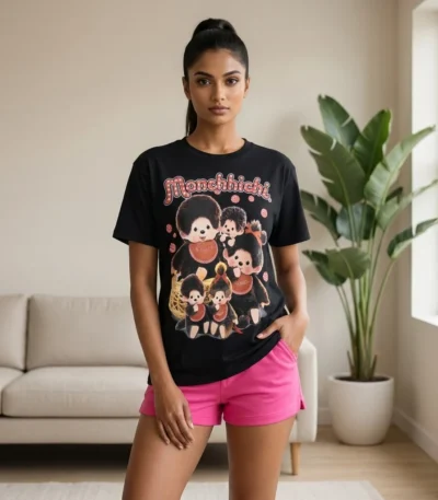 Woman wearing a back printed black oversized t shirt (4)