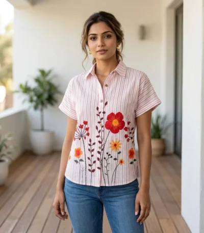 Woman wearing a pink striped half sleeve shirt with floral embroidery (1)
