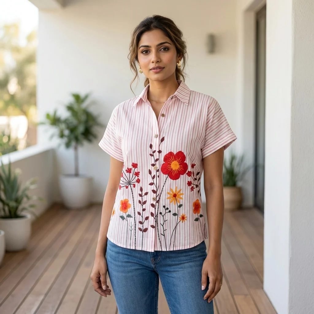 Woman wearing a pink striped half sleeve shirt with floral embroidery (1) Woman wearing a pink striped half sleeve shirt with floral embroidery (1)