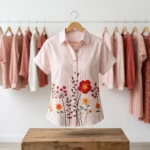 Woman wearing a pink striped half sleeve shirt with floral embroidery (3)