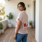 Woman wearing a pink striped half sleeve shirt with floral embroidery (4)