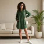Woman wearing a solid green long sleeve shirt dress with side pockets (1)