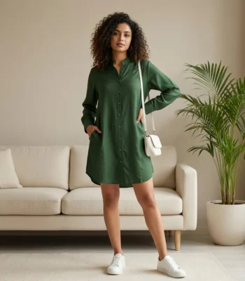 Woman wearing a solid green long sleeve shirt dress with side pockets (1)