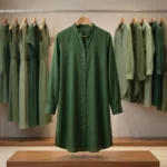 Woman wearing a solid green long sleeve shirt dress with side pockets (4)