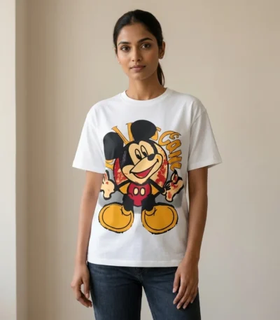 Woman wearing a white oversized vintage graphic print t shirt (3)
