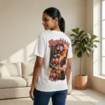 Woman wearing a white women's oversized t shirt with a vintage character print (3)