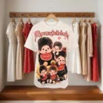 Woman wearing a white women's oversized t shirt with a vintage character print (4)