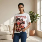 Woman wearing a white women's oversized t shirt with a vintage character print (5)