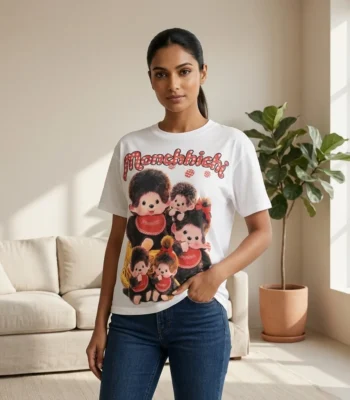 Woman wearing a white women's oversized t shirt with a vintage character print (5)