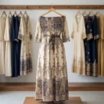 Woman wearing beige off shoulder paisley maxi dress with tie belt (1)