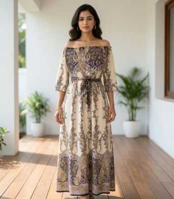 Woman wearing beige off shoulder paisley maxi dress with tie belt (2)