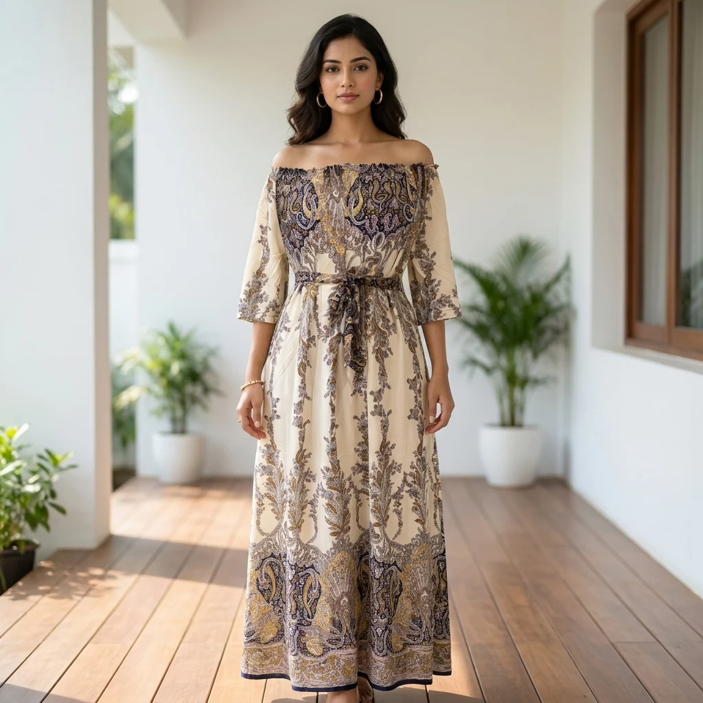Woman wearing beige off shoulder paisley maxi dress with tie belt (2) Woman wearing beige off shoulder paisley maxi dress with tie belt (2)