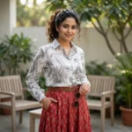 Woman wearing white marble print full sleeve button down shirt (1)