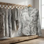 Woman wearing white marble print full sleeve button down shirt (3)