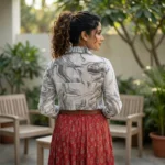 Woman wearing white marble print full sleeve button down shirt (4)
