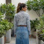 Women light blue marble print button down shirt (1)
